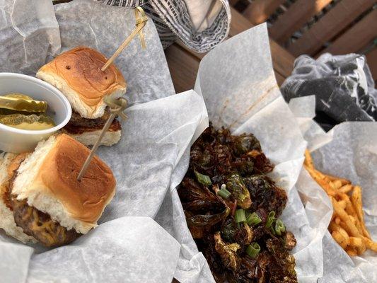 Sliders, Fried Brussels Sprouts, French Fries