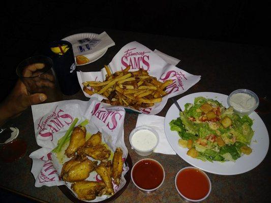 Wings, fries and house salad w nuclear sauce