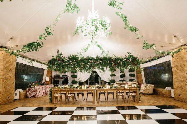 Black and White Checkered Vinyl Dance Floor, Drape Entrance, Cafe lights and Crystal Chandeliers