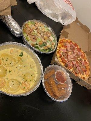 Mozzarella Sticks, Shrimp Caesar, Lobster Ravioli, Meat Lovers Pizza