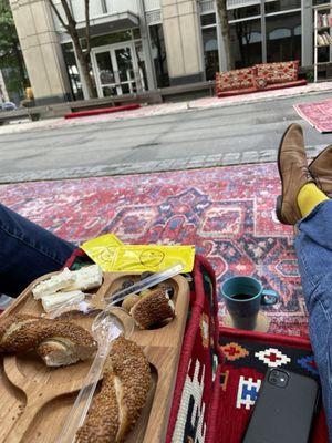 Turkish Coffee, Olives, fresh Fetta Cheese, and Simit (circular sesame seed roll)