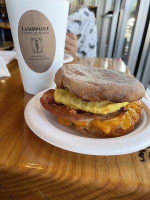 Sugar free almond milk latte & bacon egg and cheese English muffin