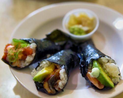 Three Hand-Roll Special (take-out): Spicy Tuna, Eel, Salmon