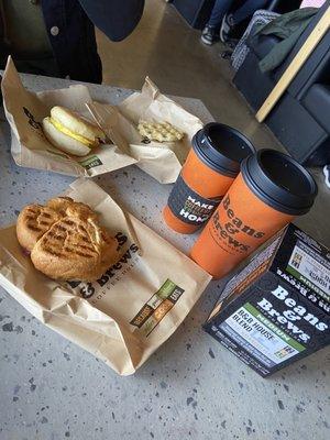 Hot Cafe Mocha, Cafe Latte English breakfast roast. Bacon Egg Cheddar Croissant, Ham, Egg & Cheese Muffin, hash waffle.