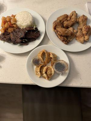 B1. Beef Galbi, A1. Fried Dumplings Mandoo C3. Garlic and Soy Sauce Chicken Wings and C4. Fried Chicken Wings