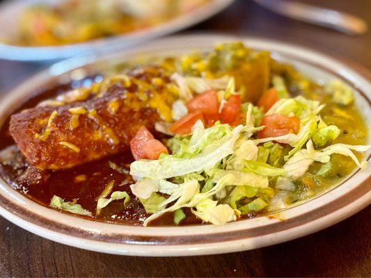 One Simple carne asada beef enchilada topped with green & red sauce. The trick here, is to top it with a EGG. :)...