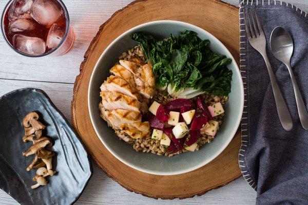 Grilled Lemongrass Chicken, Farro, Baby Bok Choy, and Roasted Beets Salad