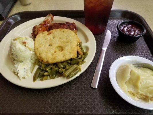 Bbq chicken, potato salad, green beans, banana pudding, cornbread