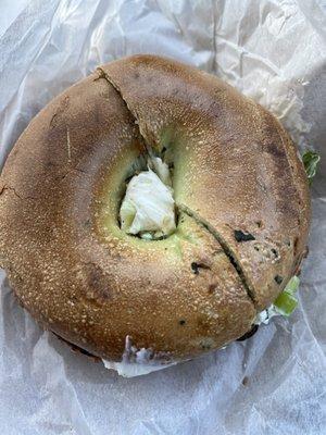 spinach bagel toasted with scallion cream cheese