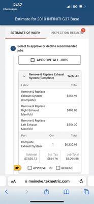 This picture is the cost for the repair of the non existent exhaust that was absent from  the car since the day of purchase.