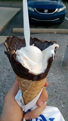 Hearty Vanilla Scoop in Chocolate-Dipped Waffle Cone.  Yum!