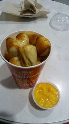 Pretzel bits and cheddar cheese sauce