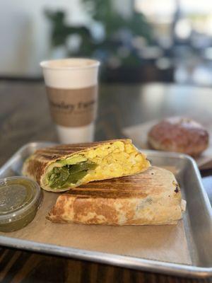 Veggie Breaky Burrito, Latte, Donut