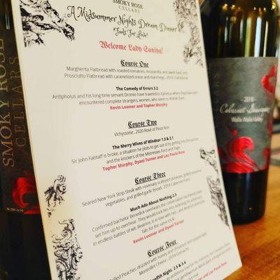 Our 1st Annual Shakespearean Winemaker Dinner menu!