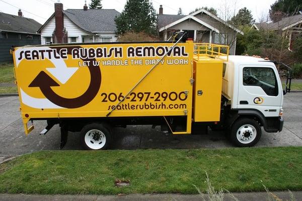 Seattle Rubbish Removal's junk hauling machines.  Box is 13 feet long with a 19+ cubic yard capacity.