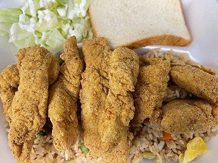 Fried Catfish Strips (includes salad, bread, & your choice of fries or fried rice)