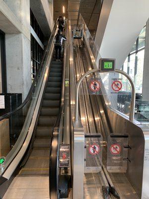 The escalator has a place for the people on the left and the grocery carts on the right. See the top of the photo.