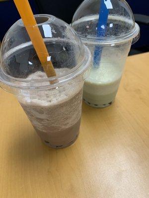 Peanut butter cup and green tea frappe with boba, not so good