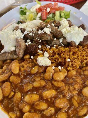 Lamb gyro with African white rice, beans and house salad