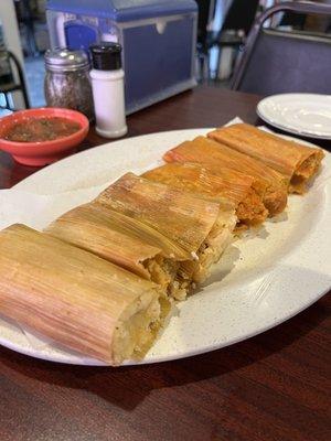 Tamales! $8 for half a dozen. We got three chicken and three pork with jalapeño.