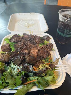 Brisket with salad, and broccoli.