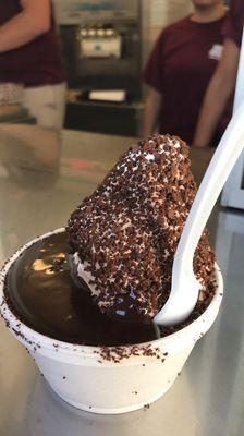 Soft serve twist w/ chocolate crunches + hot fudge