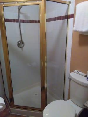 Large walk in shower with glass doors.