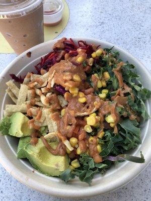 Oaxaca bowl with chicken, and chocolate peanut butter smoothie