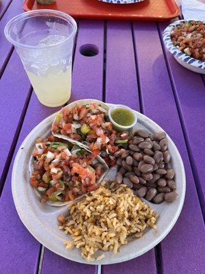 Veggie tacos, rice & beans, margarita