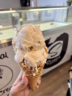 Salted caramel waffle on a waffle cone