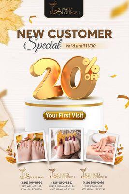 NEW CUSTOMER SPECIAL
20% OFF Your First Visit
Valid until 11/30