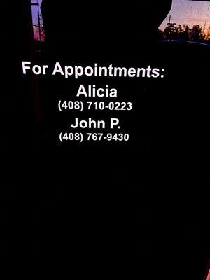 Call or text to book appointments with John or Alicia.