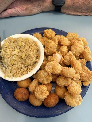 Shrimp, rice, and hush puppies