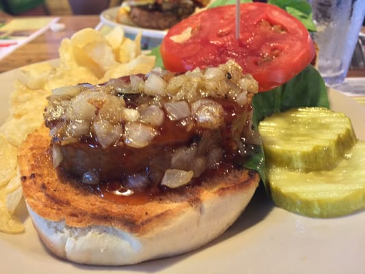 Grilled Meatloaf Sandwich (meatloaf topped with sweet chili sauce, sautéed onions, fresh spinach, tomato and onion brioche roll)