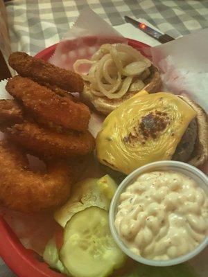 Cheeseburger and onion rings