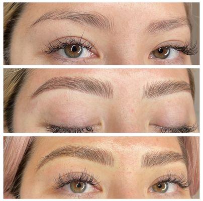 Top is bare brows, middle is after 1st microblading session and bottom is touch up where we perfected the final look.