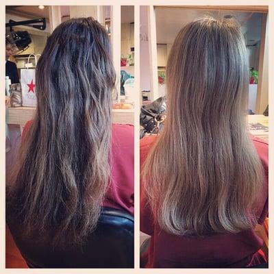 My client Katie's hair before and after highlights and treatment and trim