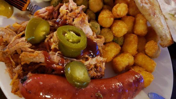 Smoked sausage, pulled pork, tots, okra