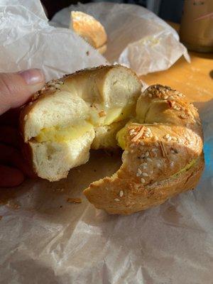 Egg and Cheese on a toasted Everything Bagel