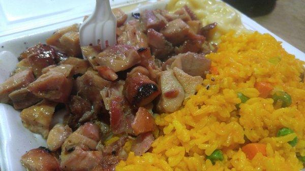 Bourbon chicken, mac and cheese, yellow rice