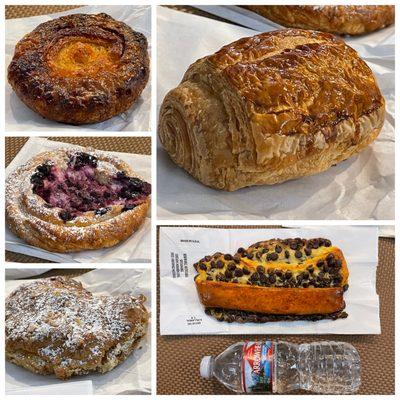 Kouign Amann, Blueberry Cream Cheese, Almond Croissant, Regular Croissant, and Chocolate Tongue