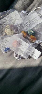 Crystals in small bags  with labels meticulously packaged by Mary