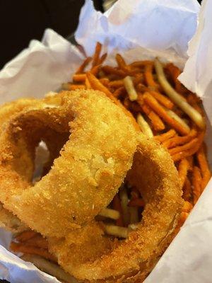 The trio (onion rings, sweet potato and regular potato fries)