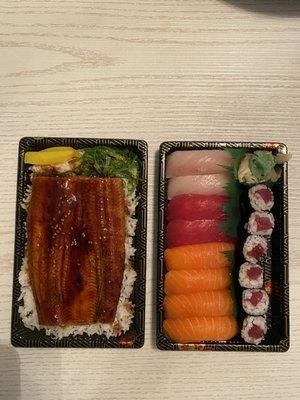 Unagi Don ($15.50) and Sushi Regular Entree - requested to sub out the white fish with extra salmon ($14.50). Each came w/ a salad