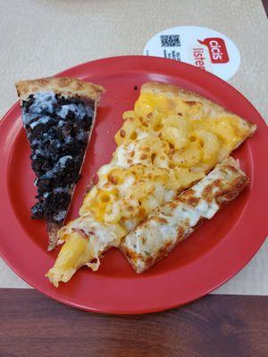 Slices left to right: oreo Brownie, mac n cheese, garlic bread