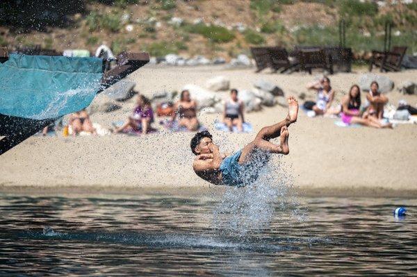 Coming out of the waterslide at the lake