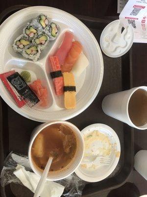 Lunch sushi, kimchi soup, ginger salad (I already ate it, sorry), and hot tea.