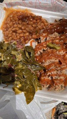 Meat dinner plate! Greens, beans and pulled pork