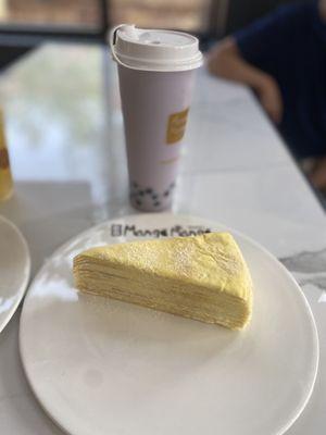 Creme brûlée mille crepe cake and Taro bubble tea with pearls.