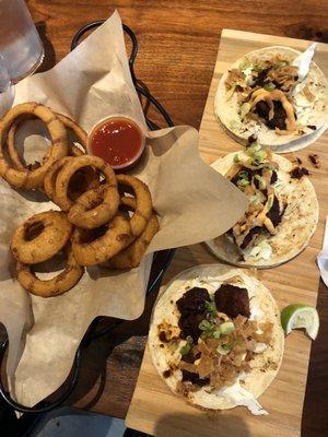 Onion rings and "Korean" pork tacos